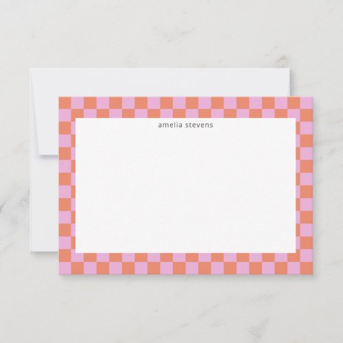 Cute Fun Checkerboard Pink Coral Geometric Name Thank You Card