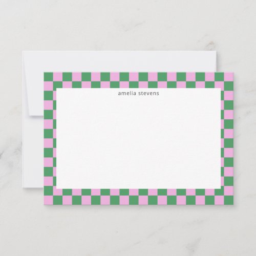 Cute Fun Checkerboard Pink Green Geometric Name Thank You Card