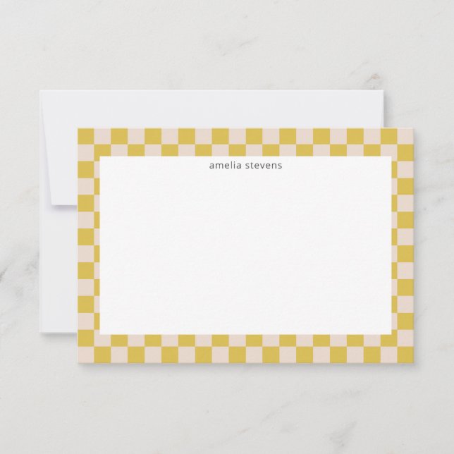Cute Fun Checkerboard Yellow White Geometric Name Thank You Card (Front)