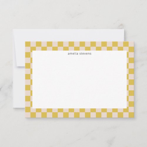 Cute Fun Checkerboard Yellow White Geometric Name Thank You Card