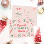 Cute Fun Christmas Doodles Non-Photo Holiday Postcard<br><div class="desc">This fun holiday non-photo postcard features whimsical hand-drawn Christmas illustrations in red and dark green over a light pink background. The modern typography greeting says "Happiest Holiday Wishes". Customize this design further by personalizing the text on the back. The look is fun, modern, and festive! DESIGN TIP: Background and text...</div>