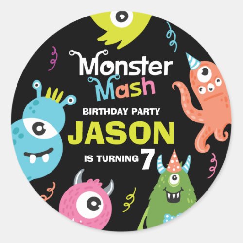 Cute Fun Colorful Monster Mash Birthday Party Classic Round Sticker