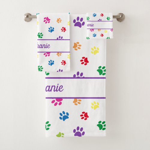 Cute Fun Colorful Paw Prints Personalized Bath Towel Set