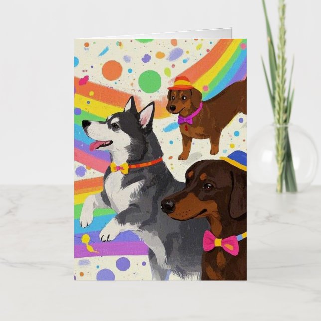 Cute fun dogs with rainbow  foil greeting card (Front)