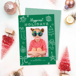Cute Fun Doodles Green Christmas Photo Holiday Card