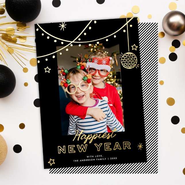 Cute Fun Doodles Happy New Year Photo Black + Gold Foil Holiday Card (Creator Uploaded)