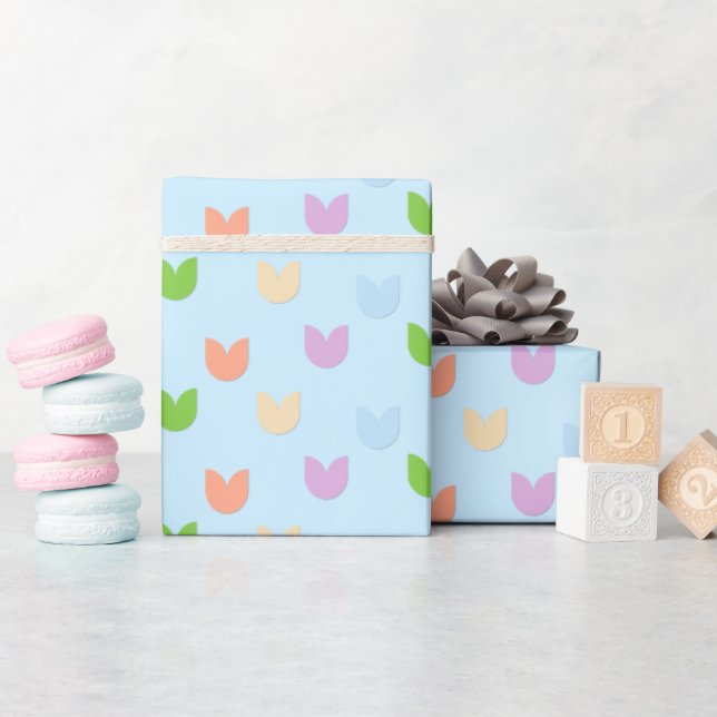 Cute & Fun Elegant Pastel Tulip Flowers, Baby Blue Wrapping Paper (Baby Shower)