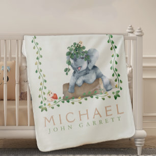 Cute Fun Elephant hamster green floral Boy Baby Blanket