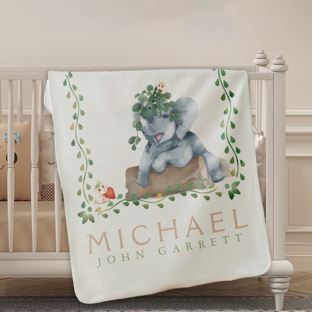 Cute Fun Elephant hamster green floral Boy Baby Blanket (Creator Uploaded)