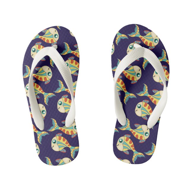 Cute Fun Fish Pattern Navy Blue Kid's Flip Flops (Footbed)