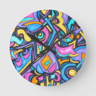 Cute Fun Funky Colorful Bold Whimsical Shapes Round Clock