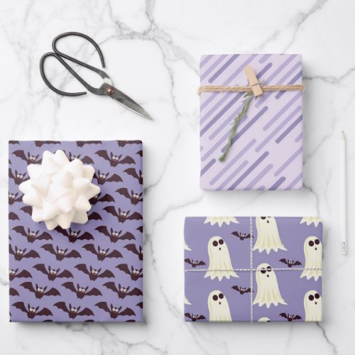 Cute Fun Ghost Bats Purple Black Halloween Wrapping Paper Sheets