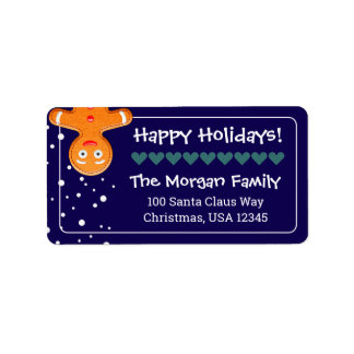 Cute & Fun Gingerbread Man Blue Holiday Address Label