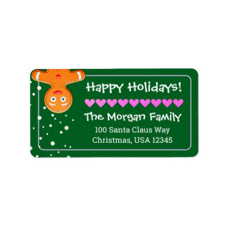 Cute & Fun Gingerbread Man Green Holiday Address Label