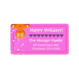 Cute & Fun Gingerbread Man Pink Holiday Address Label