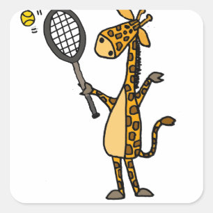 Cute Fun Giraffe Playing Tennis Cartoon Square Sticker