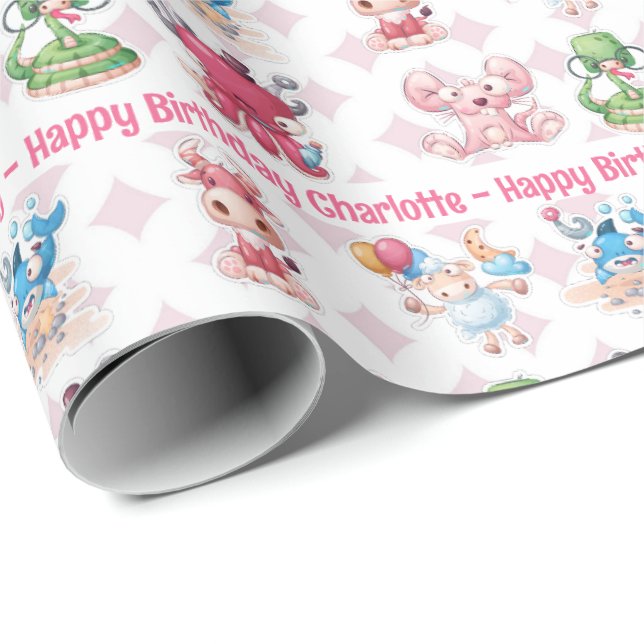 Cute Fun Girl's Birthday Add Name Age Mouse Cow Wrapping Paper (Roll Corner)
