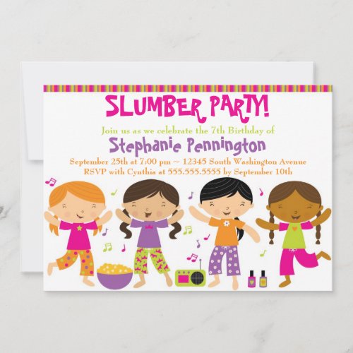 Cute fun girl's birthday slumber party invitation