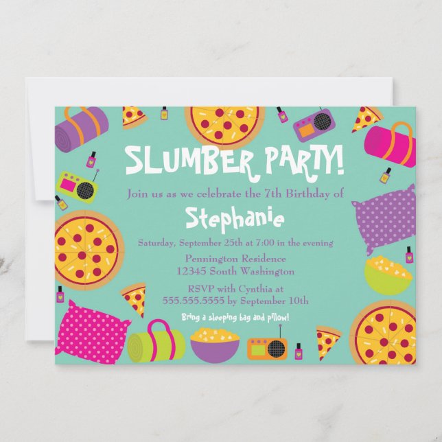 Cute fun girl's birthday slumber party invitation (Front)