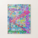 Cute Fun Girly Colorful Floral Name Collage Jigsaw Puzzle<br><div class="desc">This fun puzzle is perfect for days when you're stuck inside. The girly design features colorful flowers on a blue background with her name in a variety of fonts and sizes strewn about in different sizes and directions.</div>