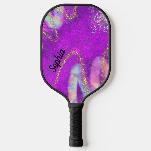 Cute Fun Glam Sparkly Purple and Gold Pickleball Paddle (Front)