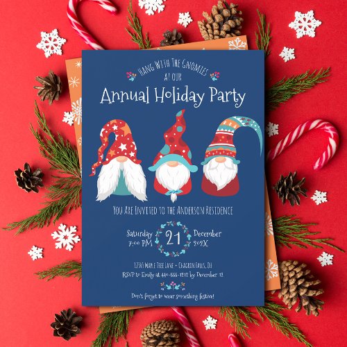 Cute Fun Gnome Modern Christmas Holiday Party Blue Invitation