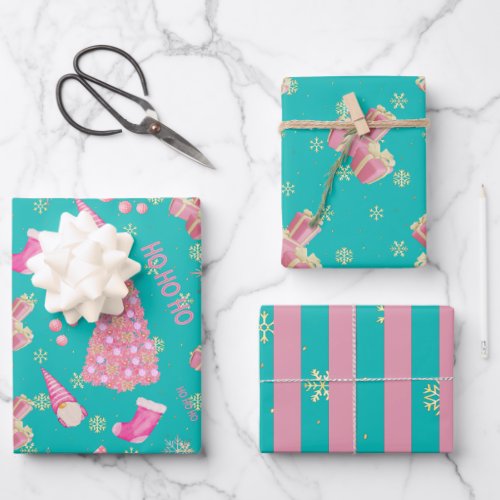 Cute Fun Gold Foil Teal Blue Pink Christmas Wrapping Paper Sheets