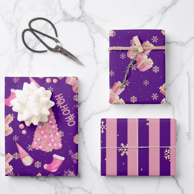 Cute Fun Gold Indigo Pink Christmas Pattern Wrapping Paper Sheets (Front)