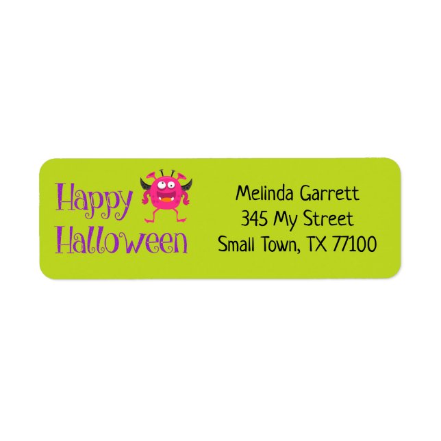 Cute Fun Green Pink Little Monster Custom Address Label (Front)