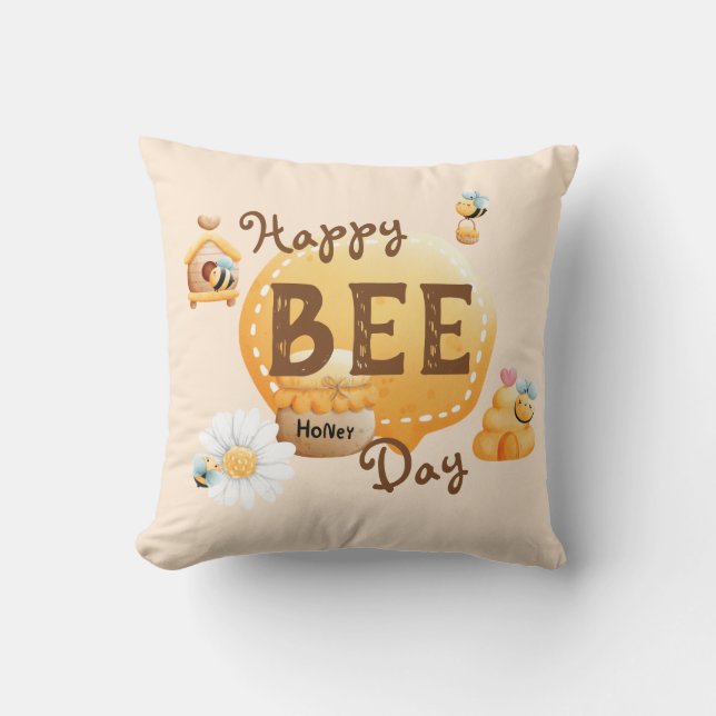 Cute Fun Happy Bee-Day Birthday Throw Pillow (Front)