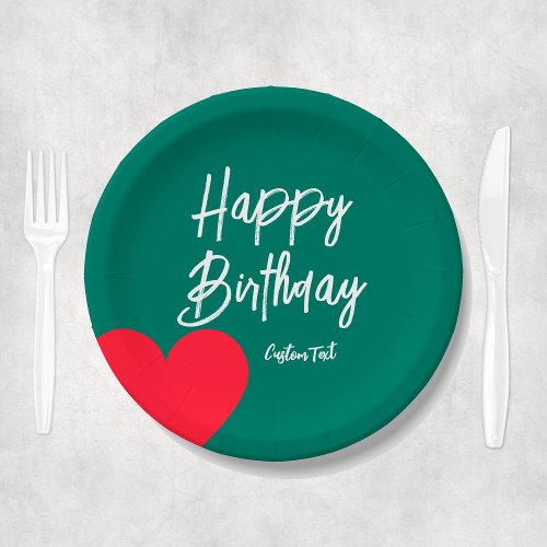 Cute Fun Heart Green Red Happy Birthday Party Paper Plates