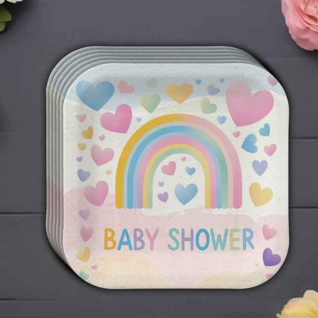 Cute Fun Hearts and Rainbow Baby Shower Paper Plates (Creator Uploaded)