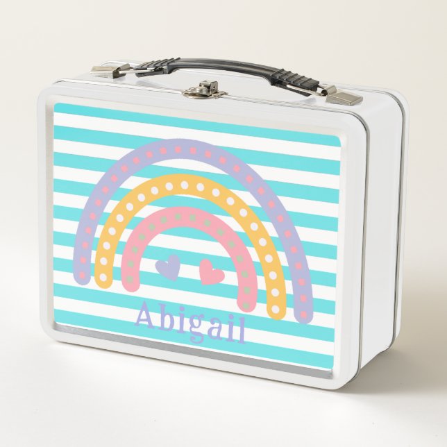 Cute Fun Kawaii Rainbow Aquamarine Stripes Metal Lunch Box (Front)