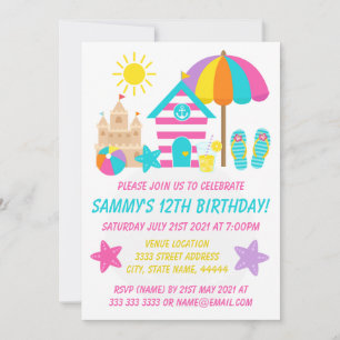 Cute Fun Kids Beach Summer Birthday Party Invitation