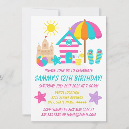 Cute Fun Kids Beach Summer Birthday Party Invitation