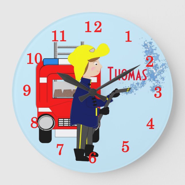 Cute Fun Kids Cartoon Fire-Fighter Truck Themed Large Clock (Front)