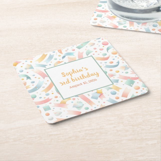 Cute Fun Kids Confetti Colorful Pastel Birthday Square Paper Coaster (Angled)