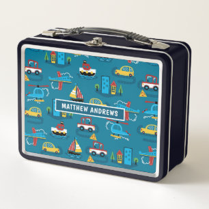 Cute Fun Kids Transport Pattern Personalized Name Metal Lunch Box