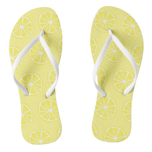 Cute Fun Lemon Citrus Slice Pattern Yellow White Flip Flops