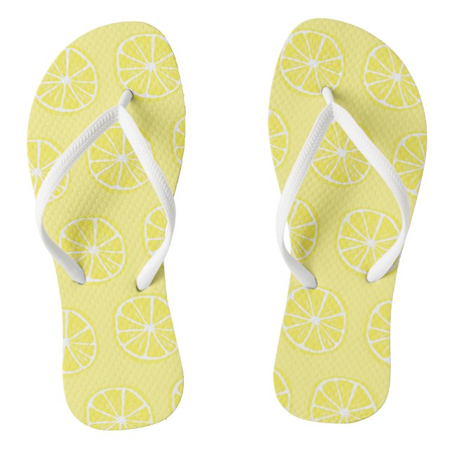 Cute Fun Lemon Citrus Slice Pattern Yellow White Flip Flops (Footbed)