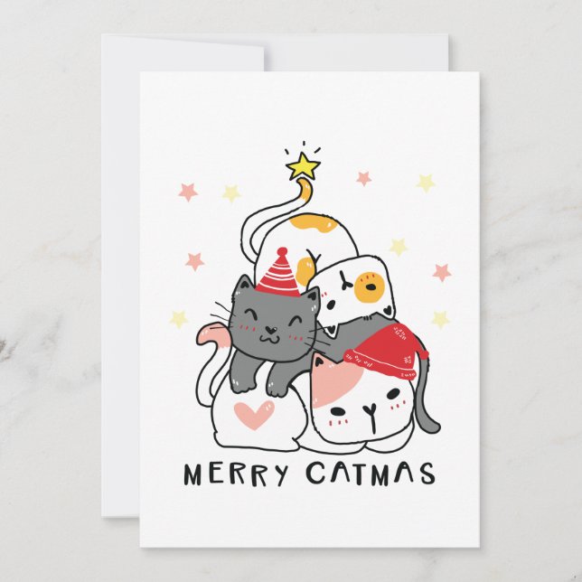 Cute Fun Merry Christmas Doddle Cats Holiday Card (Front)