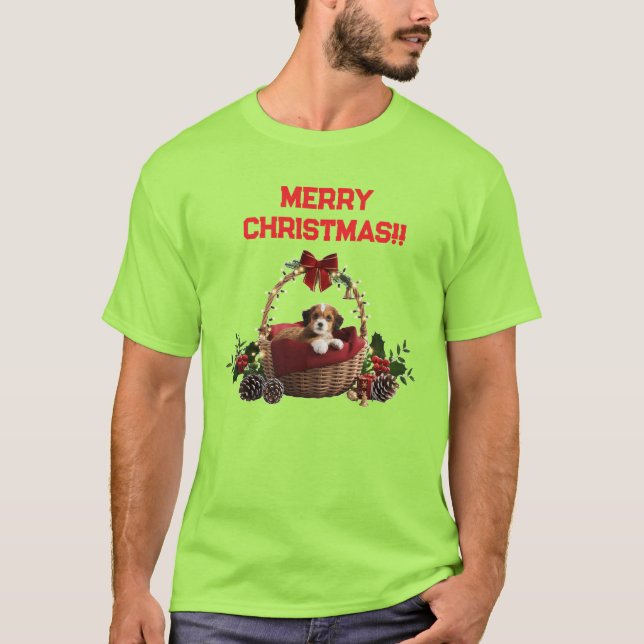 Cute Fun Merry Christmas Puppy Basket T-Shirt (Front)