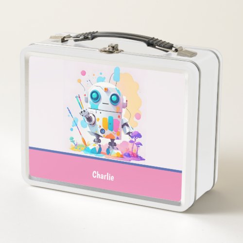 Cute Fun Messy Robot Painting Splashes Metal Lunch Box