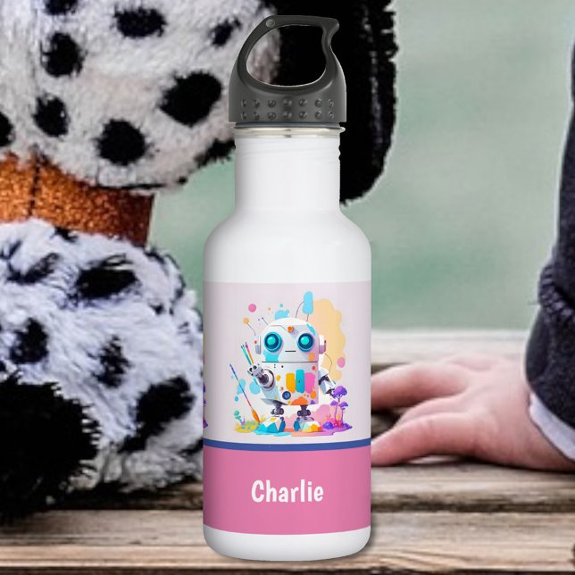 Cute Fun Messy Robot Painting Splashes Stainless Steel Water Bottle (Creator Uploaded)