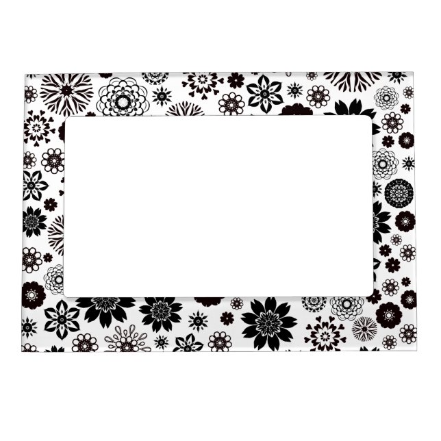     Cute Fun Modern Black and White Floral Pattern Magnetic Frame (Front)