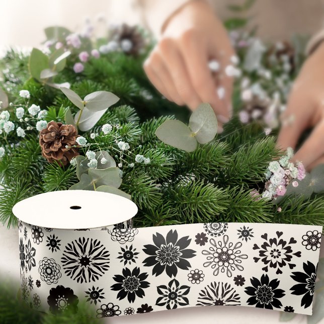     Cute Fun Modern Black and White Floral Pattern Satin Ribbon (Creator Uploaded)