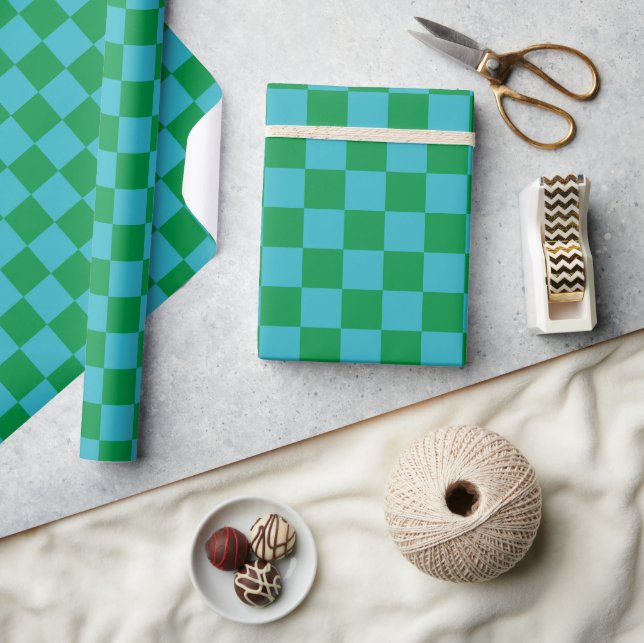 Cute Fun Modern Checkerboard Blue Green Geometric Wrapping Paper (Crafts)