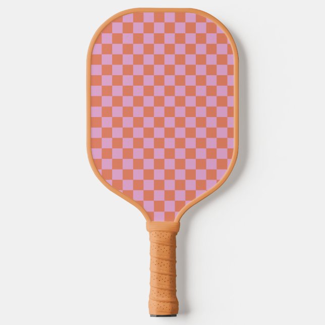 Cute Fun Modern Checkerboard Coral Pink Geometric Pickleball Paddle (Front)