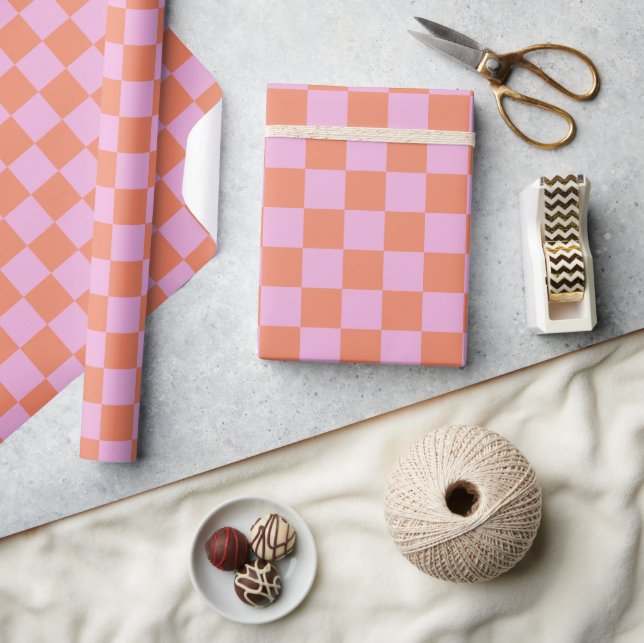 Cute Fun Modern Checkerboard Coral Pink Geometric Wrapping Paper (Crafts)