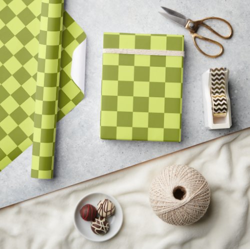 Cute Fun Modern Checkerboard Lime Olive Geometric Wrapping Paper